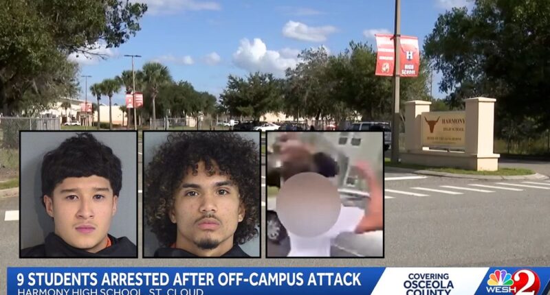 Left inset: Brian Alexander-Ramirez. Center inset: Quianelle Antonio Reyes Cintron. Right inset: Cellphone footage showing the attack on the teen victim (Osceola County Sheriff's Office). Background: The Florida high school where cops say a group of teens were told to stop harassing a girl by a schoolmate who they later attacked (WESH/YouTube).