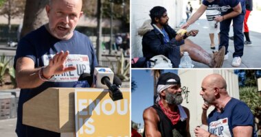 Steve Hilton campaigns at MacArthur Park in Los Angeles to address California homeless crisis