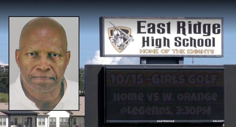 Inset: Michael Jones (Lake County Jail). Background: East Ridge High School in Florida, where Jones allegedly struck a student (WESH).