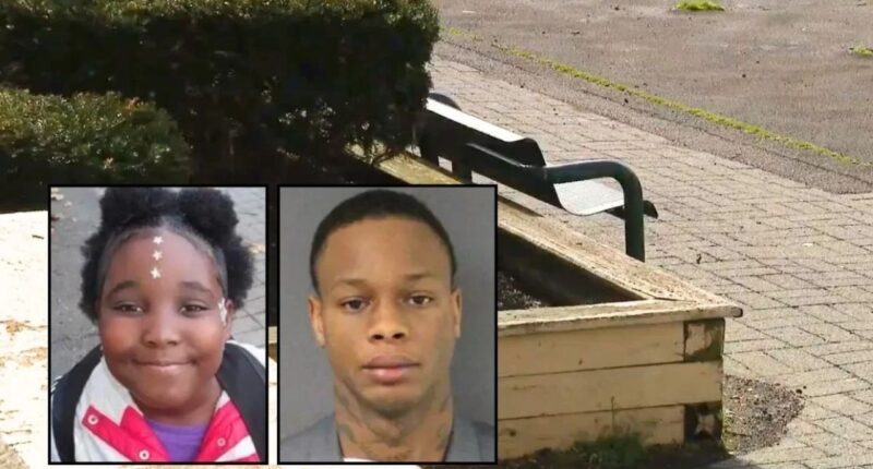 Left inset: Sequoya Bacon-Jones (WTXF/YouTube). Right inset: Isiah Roberts (Mercer County Correction Center). Background: A bench in the New Jersey courtyard where 9-year-old Sequoya Bacon-Jones was gunned down and killed by Isiah Roberts (WTXF/YouTube).