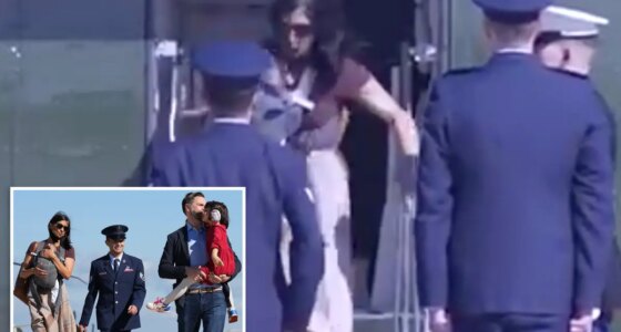 Usha Vance stumbles down vice presidential helicopter steps with infant son strapped to her chest: video